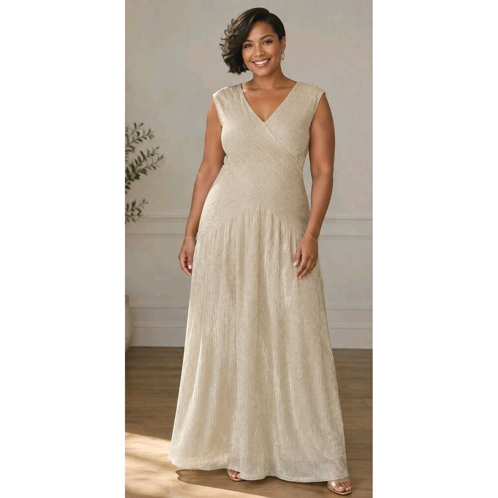 Vintage Alex Evenings Metallic  Gold Gown Maxi Dress Size 16 Goddess Y2K